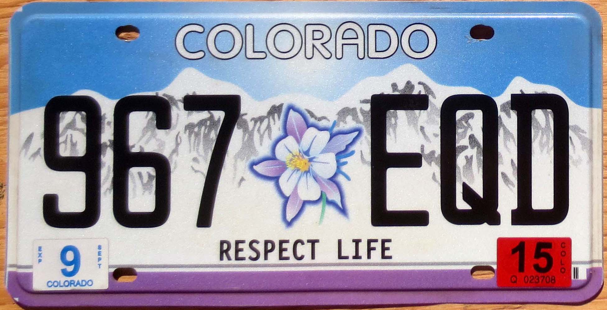 plaque immatriculation Colorado Usa license plate Respect Life tag sticker 2020 