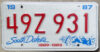 1987 South Dakota nearly mint - NICE PLATE
