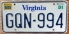 1991 Virginia nearly mint NICE PLATE